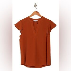 Calvin Klein Split V Neck Flutter Sleeve Top in Burnt Orange Size XS Work Top